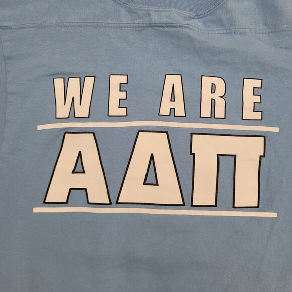 Vintage 80s Alpha-Delta-Pi Ringer Shirt Womens XS/S 17x28 Blue Sorority - Picture 10 of 15